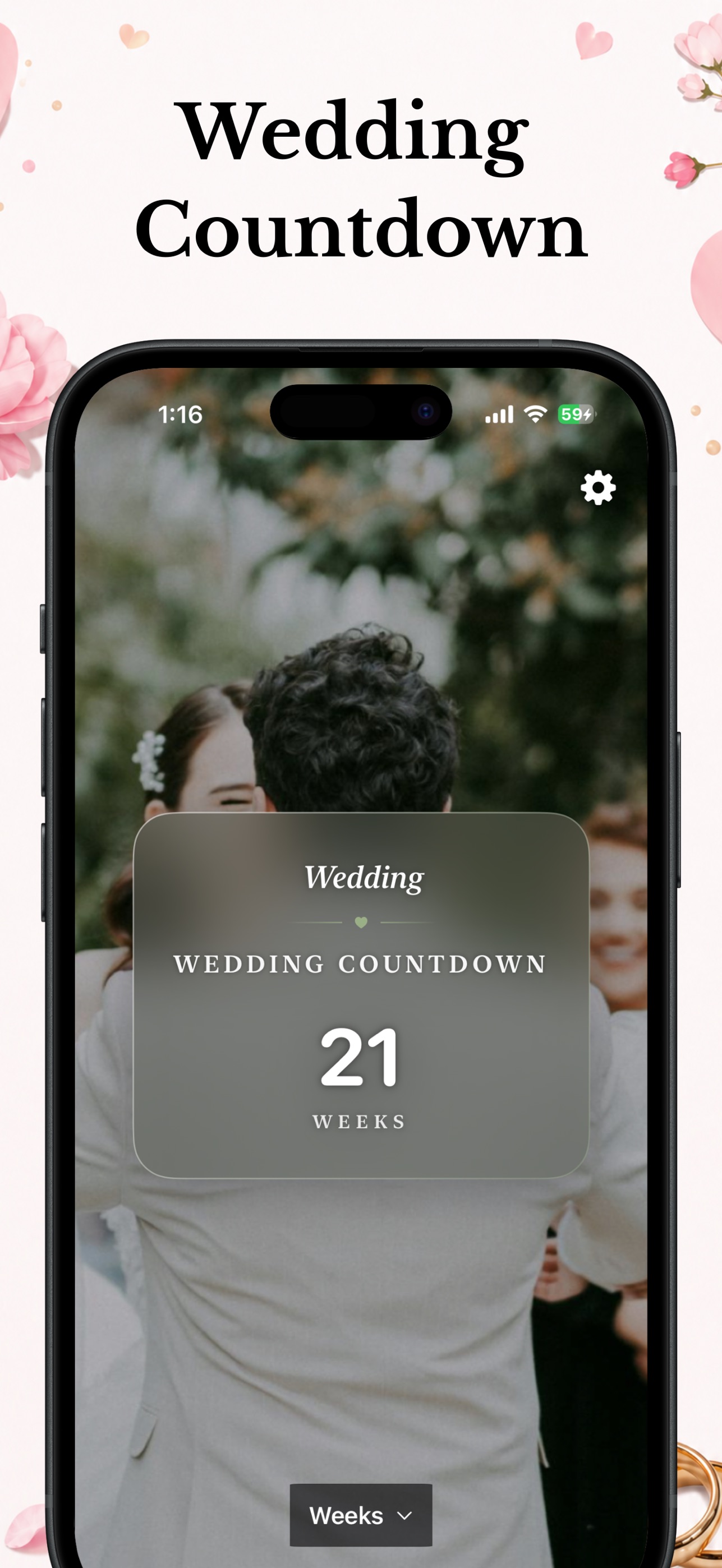 Wedding Countdown app showing weeks until the wedding over an engagement photo